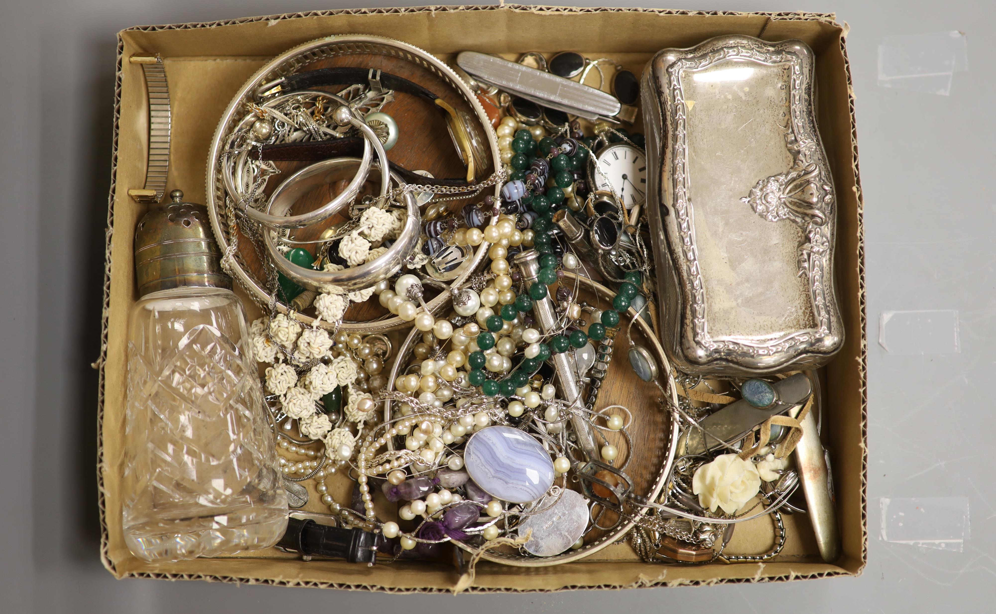 A quantity of mixed silver and costume jewellery including cultured pearl and paste set starburst pendant, three silver hinged bangles and other items including a silver pen, 800 fob watch, wrist watch, pair of plated wi